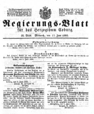 Regierungs-Blatt für das Herzogtum Coburg (Coburger Regierungs-Blatt) Mittwoch 13. Juni 1866