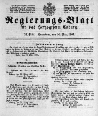 Regierungs-Blatt für das Herzogtum Coburg (Coburger Regierungs-Blatt) Samstag 30. März 1867