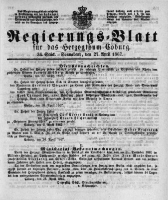 Regierungs-Blatt für das Herzogtum Coburg (Coburger Regierungs-Blatt) Samstag 27. April 1867