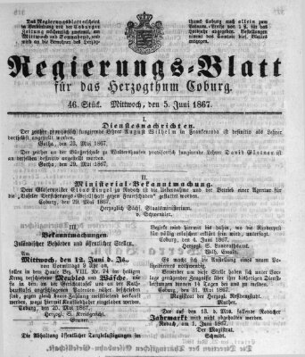 Regierungs-Blatt für das Herzogtum Coburg (Coburger Regierungs-Blatt) Mittwoch 5. Juni 1867