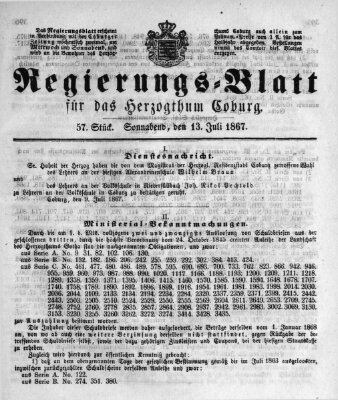Regierungs-Blatt für das Herzogtum Coburg (Coburger Regierungs-Blatt) Samstag 13. Juli 1867