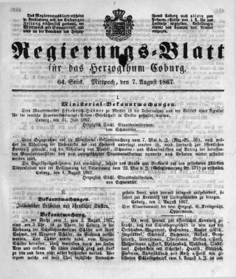 Regierungs-Blatt für das Herzogtum Coburg (Coburger Regierungs-Blatt) Mittwoch 7. August 1867
