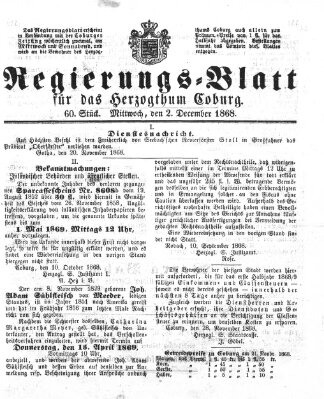 Regierungs-Blatt für das Herzogtum Coburg (Coburger Regierungs-Blatt) Mittwoch 2. Dezember 1868