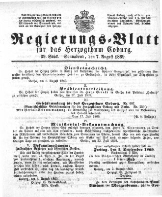 Regierungs-Blatt für das Herzogtum Coburg (Coburger Regierungs-Blatt) Samstag 7. August 1869