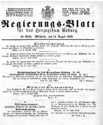 Regierungs-Blatt für das Herzogtum Coburg (Coburger Regierungs-Blatt) Mittwoch 11. August 1869