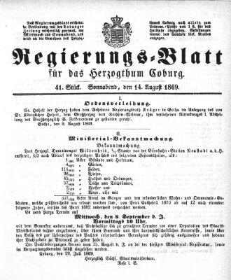 Regierungs-Blatt für das Herzogtum Coburg (Coburger Regierungs-Blatt) Samstag 14. August 1869