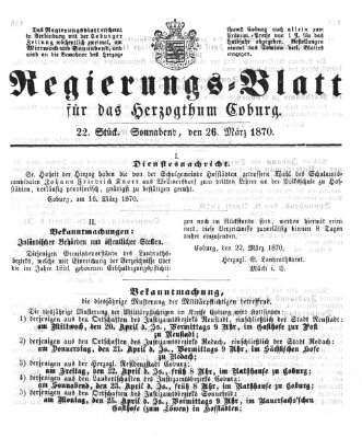 Regierungs-Blatt für das Herzogtum Coburg (Coburger Regierungs-Blatt) Samstag 26. März 1870