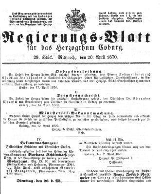Regierungs-Blatt für das Herzogtum Coburg (Coburger Regierungs-Blatt) Mittwoch 20. April 1870