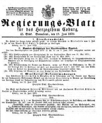 Regierungs-Blatt für das Herzogtum Coburg (Coburger Regierungs-Blatt) Samstag 18. Juni 1870