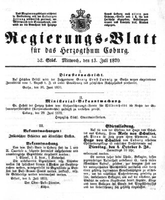 Regierungs-Blatt für das Herzogtum Coburg (Coburger Regierungs-Blatt) Mittwoch 13. Juli 1870