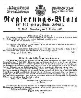 Regierungs-Blatt für das Herzogtum Coburg (Coburger Regierungs-Blatt) Samstag 8. Oktober 1870
