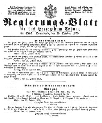 Regierungs-Blatt für das Herzogtum Coburg (Coburger Regierungs-Blatt) Samstag 29. Oktober 1870