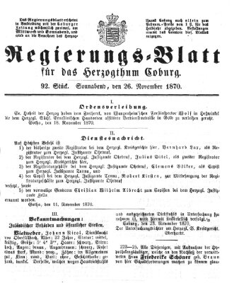Regierungs-Blatt für das Herzogtum Coburg (Coburger Regierungs-Blatt) Samstag 26. November 1870