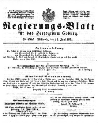 Regierungs-Blatt für das Herzogtum Coburg (Coburger Regierungs-Blatt) Mittwoch 14. Juni 1871