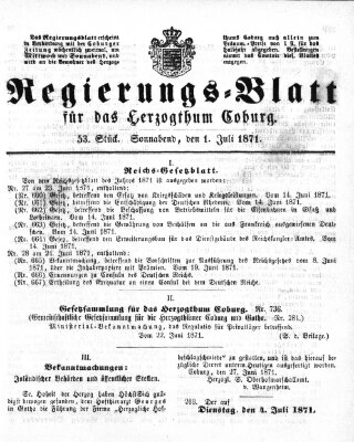 Regierungs-Blatt für das Herzogtum Coburg (Coburger Regierungs-Blatt) Samstag 1. Juli 1871