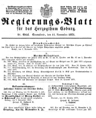 Regierungs-Blatt für das Herzogtum Coburg (Coburger Regierungs-Blatt) Samstag 11. November 1871