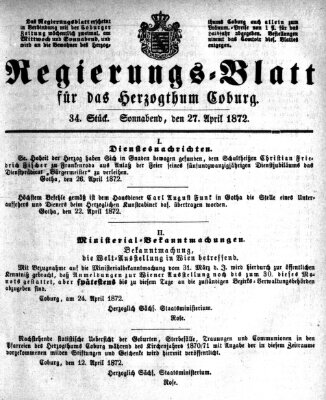 Regierungs-Blatt für das Herzogtum Coburg (Coburger Regierungs-Blatt) Samstag 27. April 1872