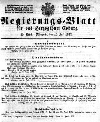 Regierungs-Blatt für das Herzogtum Coburg (Coburger Regierungs-Blatt) Mittwoch 10. Juli 1872