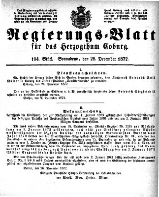 Regierungs-Blatt für das Herzogtum Coburg (Coburger Regierungs-Blatt) Samstag 28. Dezember 1872
