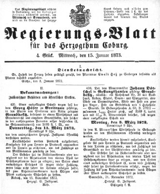 Regierungs-Blatt für das Herzogtum Coburg (Coburger Regierungs-Blatt) Mittwoch 15. Januar 1873