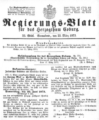 Regierungs-Blatt für das Herzogtum Coburg (Coburger Regierungs-Blatt) Samstag 22. März 1873