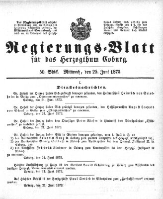 Regierungs-Blatt für das Herzogtum Coburg (Coburger Regierungs-Blatt) Mittwoch 25. Juni 1873