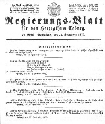 Regierungs-Blatt für das Herzogtum Coburg (Coburger Regierungs-Blatt) Samstag 27. September 1873