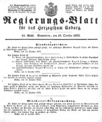 Regierungs-Blatt für das Herzogtum Coburg (Coburger Regierungs-Blatt) Samstag 18. Oktober 1873