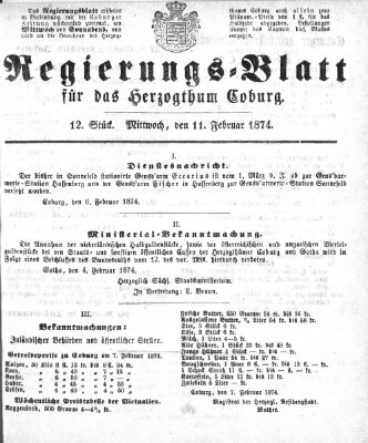 Regierungs-Blatt für das Herzogtum Coburg (Coburger Regierungs-Blatt) Mittwoch 11. Februar 1874