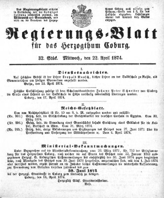 Regierungs-Blatt für das Herzogtum Coburg (Coburger Regierungs-Blatt) Mittwoch 22. April 1874