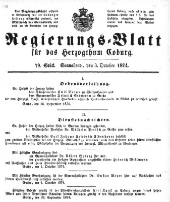 Regierungs-Blatt für das Herzogtum Coburg (Coburger Regierungs-Blatt) Samstag 3. Oktober 1874