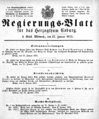 Regierungs-Blatt für das Herzogtum Coburg (Coburger Regierungs-Blatt) Mittwoch 27. Januar 1875