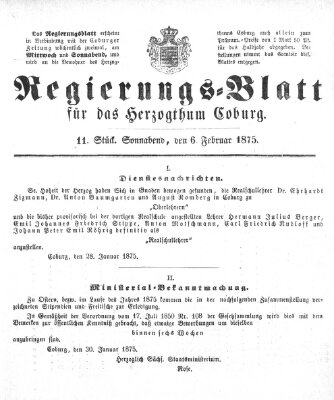 Regierungs-Blatt für das Herzogtum Coburg (Coburger Regierungs-Blatt) Samstag 6. Februar 1875