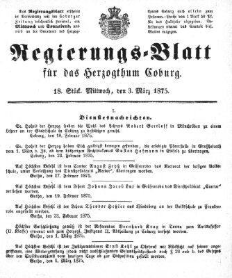 Regierungs-Blatt für das Herzogtum Coburg (Coburger Regierungs-Blatt) Mittwoch 3. März 1875