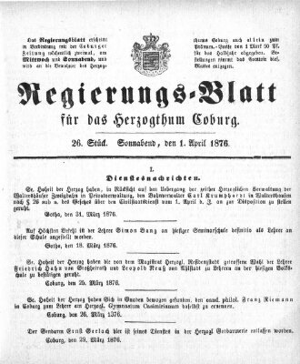 Regierungs-Blatt für das Herzogtum Coburg (Coburger Regierungs-Blatt) Samstag 1. April 1876