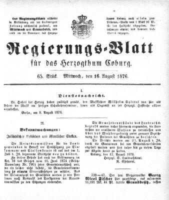 Regierungs-Blatt für das Herzogtum Coburg (Coburger Regierungs-Blatt) Mittwoch 16. August 1876