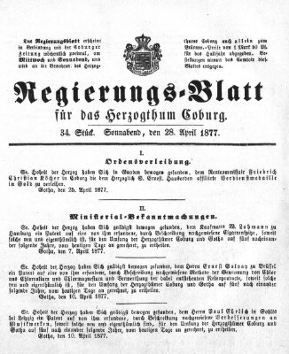 Regierungs-Blatt für das Herzogtum Coburg (Coburger Regierungs-Blatt) Samstag 28. April 1877