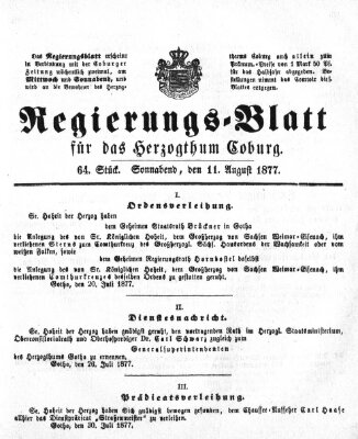 Regierungs-Blatt für das Herzogtum Coburg (Coburger Regierungs-Blatt) Samstag 11. August 1877