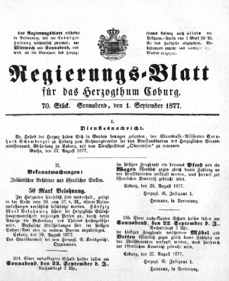 Regierungs-Blatt für das Herzogtum Coburg (Coburger Regierungs-Blatt) Samstag 1. September 1877
