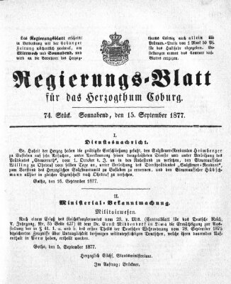 Regierungs-Blatt für das Herzogtum Coburg (Coburger Regierungs-Blatt) Samstag 15. September 1877