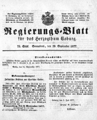 Regierungs-Blatt für das Herzogtum Coburg (Coburger Regierungs-Blatt) Samstag 29. September 1877