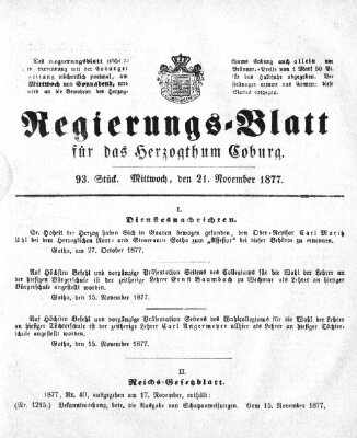Regierungs-Blatt für das Herzogtum Coburg (Coburger Regierungs-Blatt) Mittwoch 21. November 1877