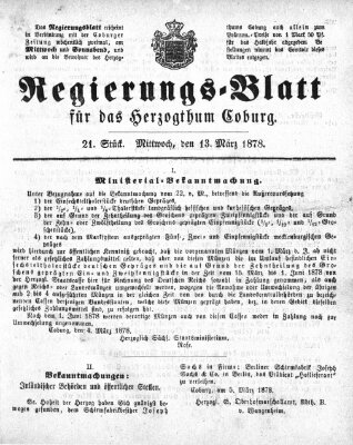 Regierungs-Blatt für das Herzogtum Coburg (Coburger Regierungs-Blatt) Mittwoch 13. März 1878