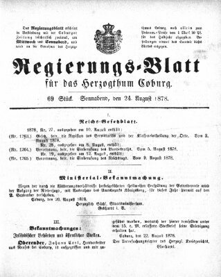 Regierungs-Blatt für das Herzogtum Coburg (Coburger Regierungs-Blatt) Samstag 24. August 1878