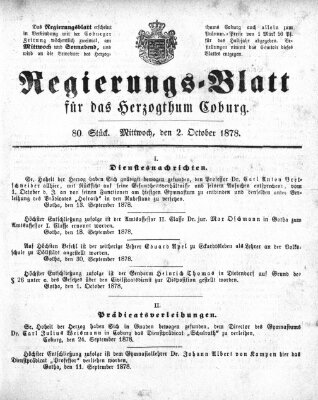 Regierungs-Blatt für das Herzogtum Coburg (Coburger Regierungs-Blatt) Mittwoch 2. Oktober 1878