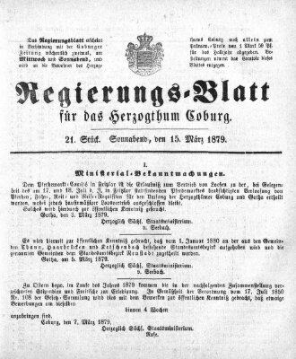 Regierungs-Blatt für das Herzogtum Coburg (Coburger Regierungs-Blatt) Samstag 15. März 1879