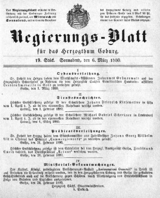 Regierungs-Blatt für das Herzogtum Coburg (Coburger Regierungs-Blatt) Samstag 6. März 1880