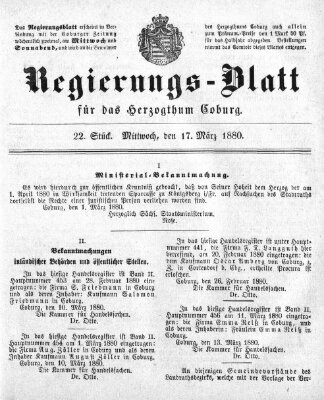 Regierungs-Blatt für das Herzogtum Coburg (Coburger Regierungs-Blatt) Mittwoch 17. März 1880