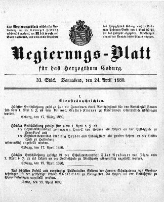 Regierungs-Blatt für das Herzogtum Coburg (Coburger Regierungs-Blatt) Samstag 24. April 1880