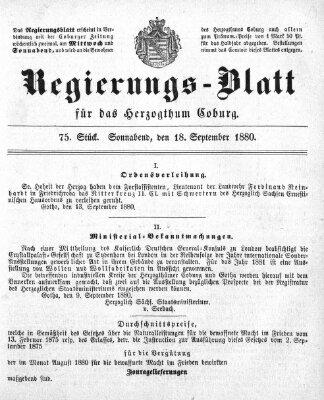 Regierungs-Blatt für das Herzogtum Coburg (Coburger Regierungs-Blatt) Samstag 18. September 1880